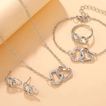4-Piece Heart Shape Silver Jewelry Set for Girls with Bracelet, Earrings, Necklace and Ring