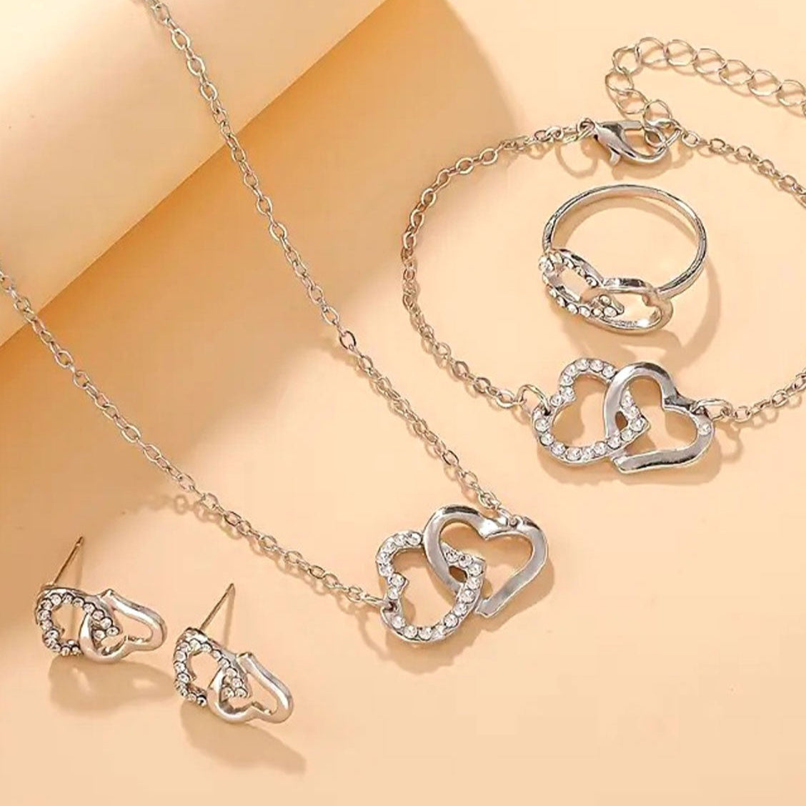 4-Piece Heart Shape Silver Jewelry Set for Girls with Bracelet, Earrings, Necklace and Ring